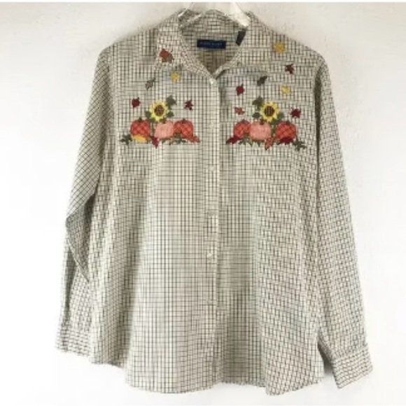 Vintage Pumpkin Patch Sunflower Fall Harvest Embroidered Button Front Shirt S 🌻 - Picture 1 of 11